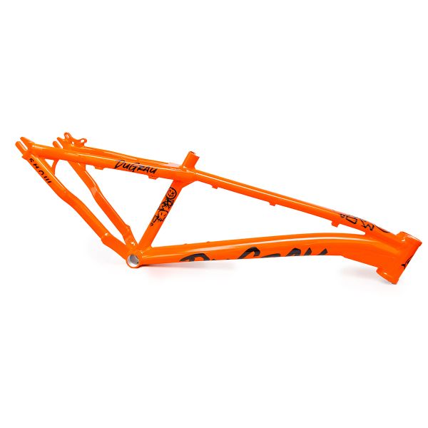 Bright orange BMX bike frame with black graphics.