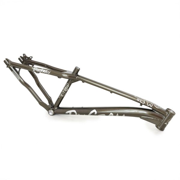 Metallic bicycle frame with unique geometric design and branding.