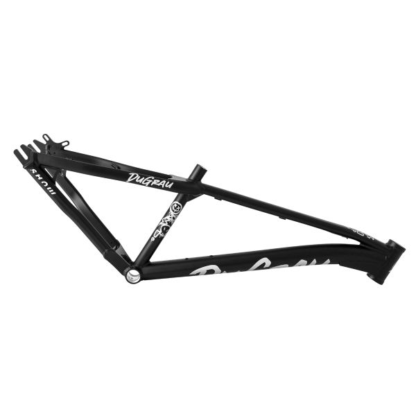 Black BMX bike frame with white graphics and Dugrau branding.