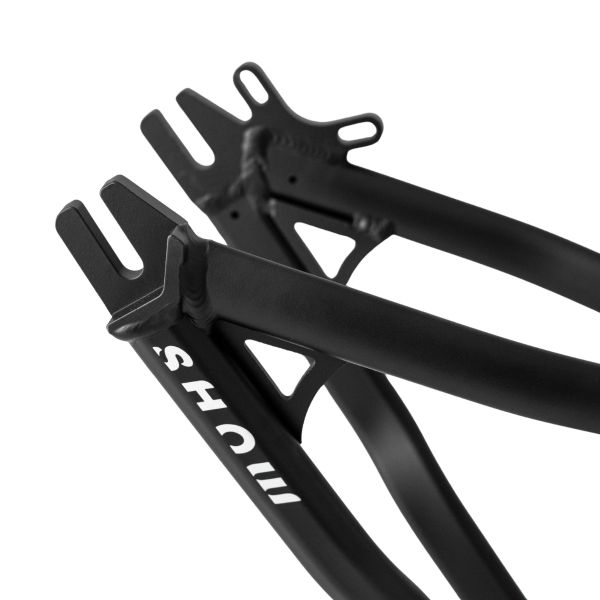 Close-up of black metal bike frame parts with SHOU logo.