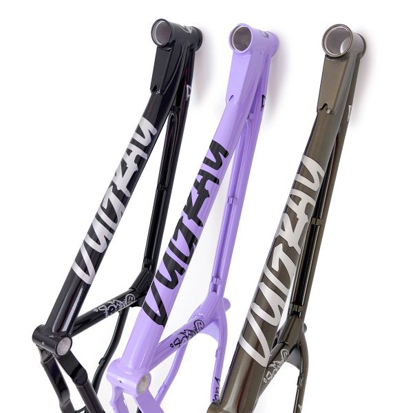 Three colorful bicycle frames with 'WITTAU' branding in black, purple, and bronze.