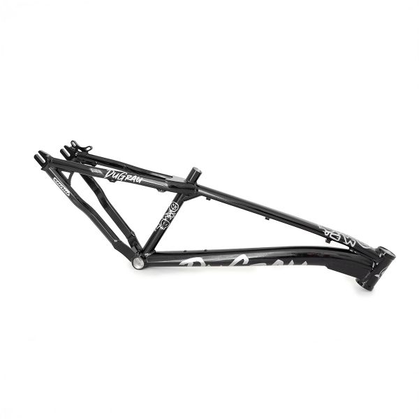 Black BMX bike frame with white branding on a white background.
