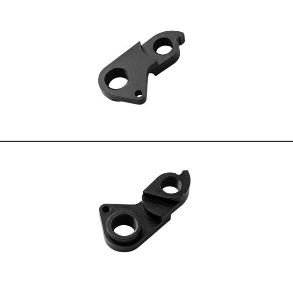Two black metal mechanical parts with holes, shown from different angles.