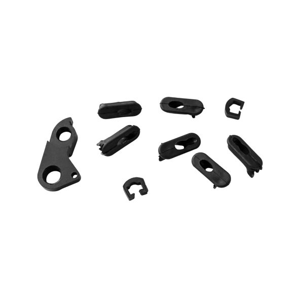 Black plastic automotive clips and bracket parts on a white background.