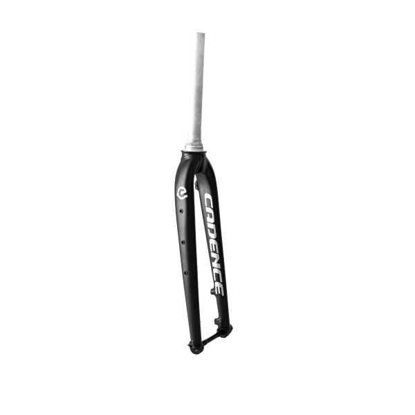 Black Cadence bicycle fork with white logo and silver steerer tube.