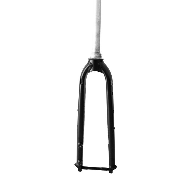 Black bicycle fork with white steerer tube isolated on white.