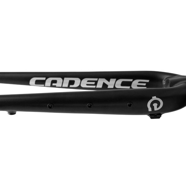 Close-up of a black bike fork with Cadence branding and mounting holes.