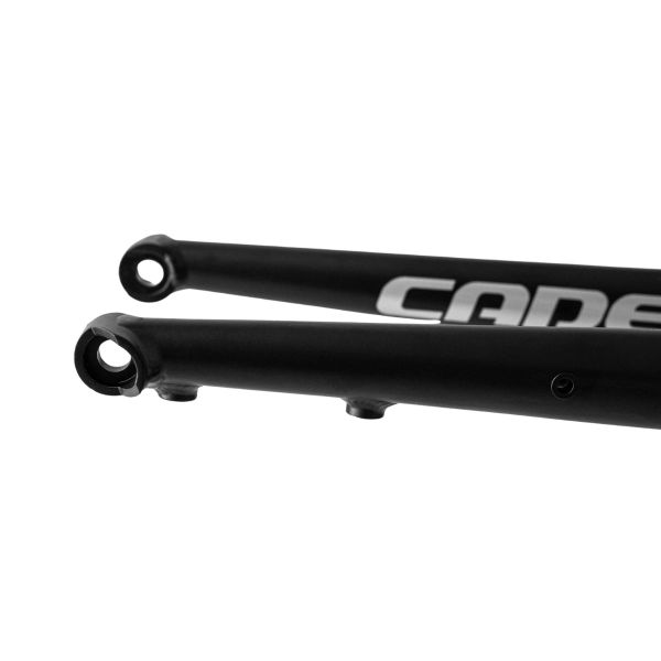 Close-up of black bike frame dropouts with partial brand name visible.