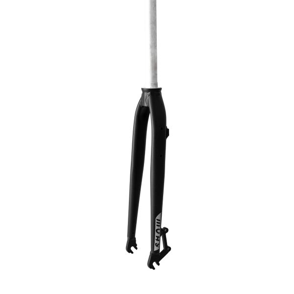 Black bicycle fork with silver steerer tube against white background.