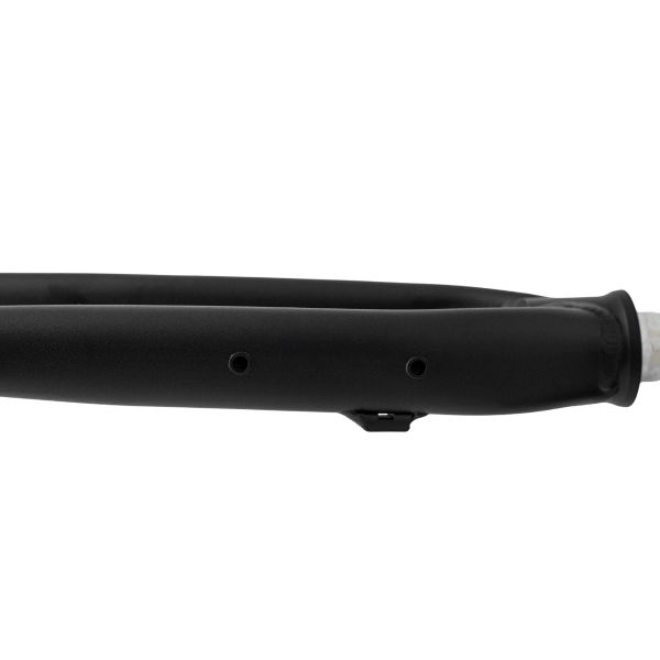 Close-up of a black padded handle with holes and a clip.
