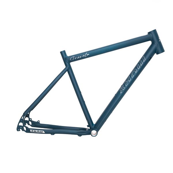 Matte blue bicycle frame labeled 'Gravel' and 'Show'.