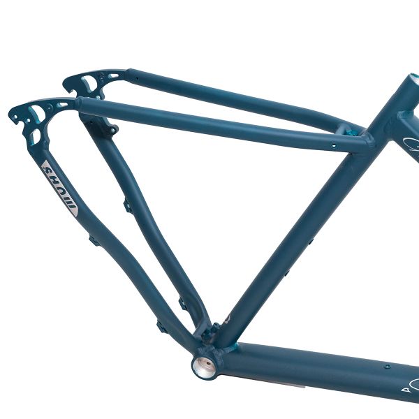 Blue bicycle frame without wheels or components.