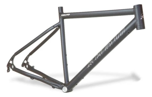 Black bicycle frame without wheels or components.