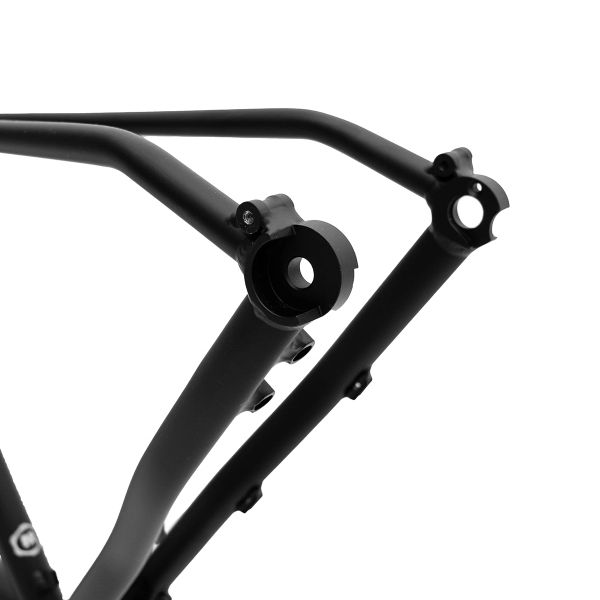 Close-up of a black bicycle frame's rear dropout area.