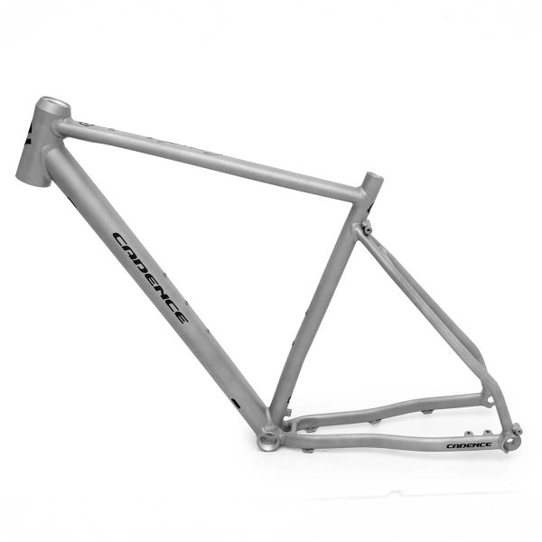 Silver Cadence brand bicycle frame without wheels or components.