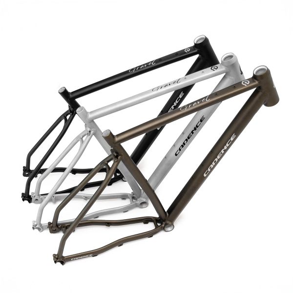 Three different colored bike frames labeled 'Cadence Gravel'.