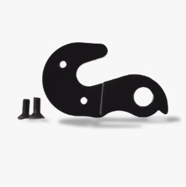 Black metal bicycle derailleur hanger with two screws on white background.