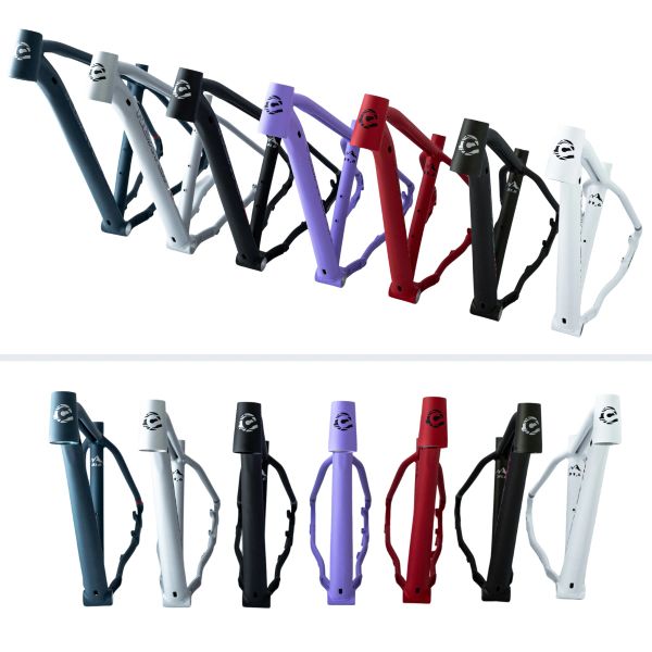 Seven colorful bicycle frames and forks in a row on a white background.
