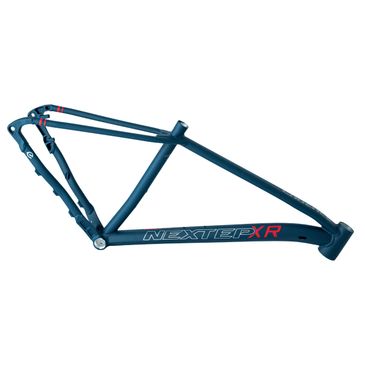 Blue NEXTEXP XR bicycle frame without wheels or other parts.