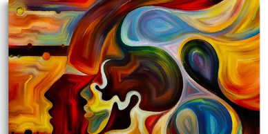 Abstract painting of intertwined human profiles in vibrant colors.
