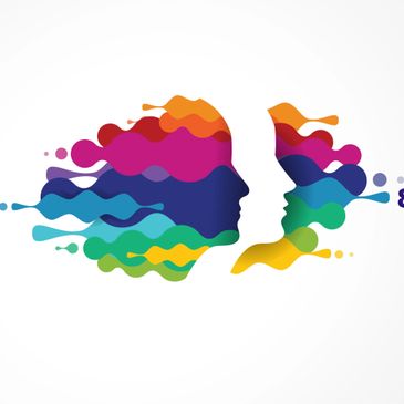 Colorful abstract faces facing each other with flowing shapes.