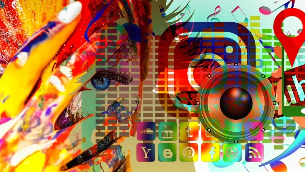 Colorful digital art blending a painted face with social media icons and music elements.