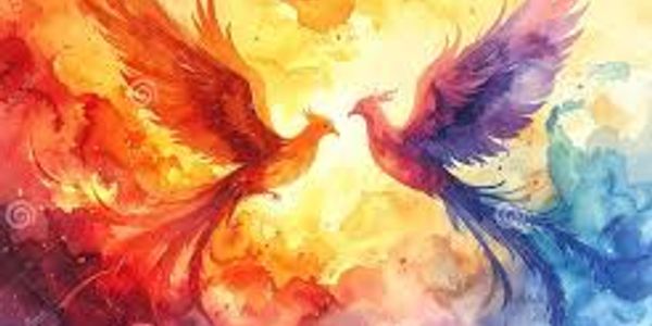 Two colorful phoenixes facing each other in a vibrant watercolor style.