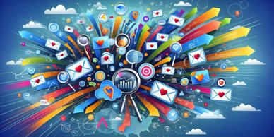 Colorful digital icons and graphs exploding from a central magnifying glass.