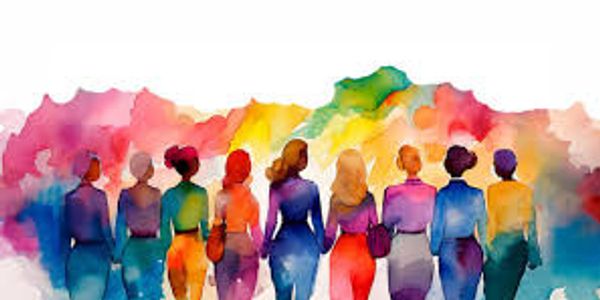 Colorful watercolor painting of diverse women seen from behind.