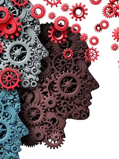 Profiles made of gears exchanging ideas as red gears flow between them.
