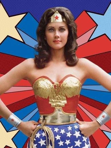Classic Wonder Woman with iconic costume and background.