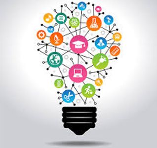 a picture in the shape of a light bulb, wiht icons connected by lines. The icons have tings like gra