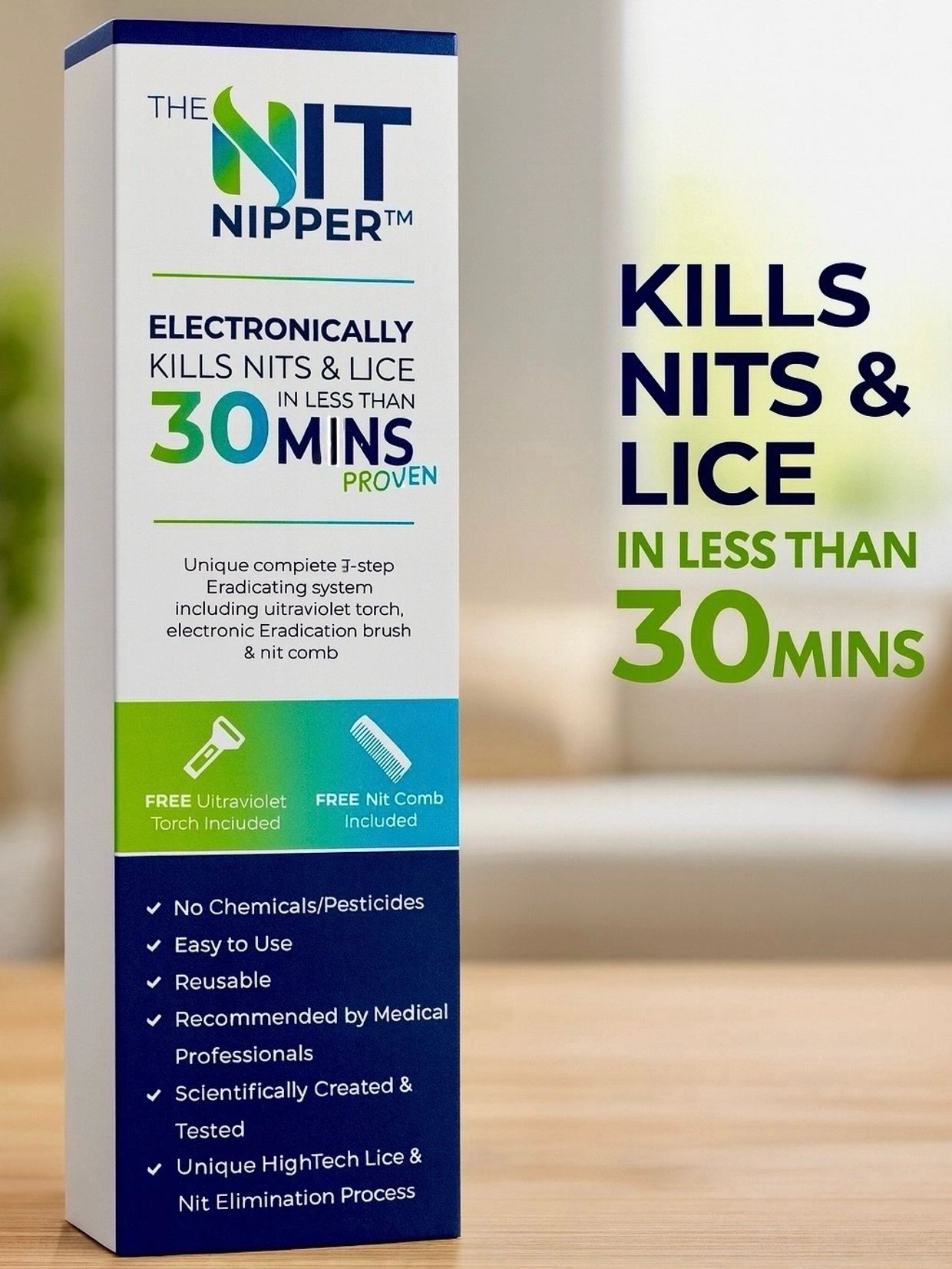 The Nit Nipper kills nits and lice electronically in under 30 minutes, with no chemicals.