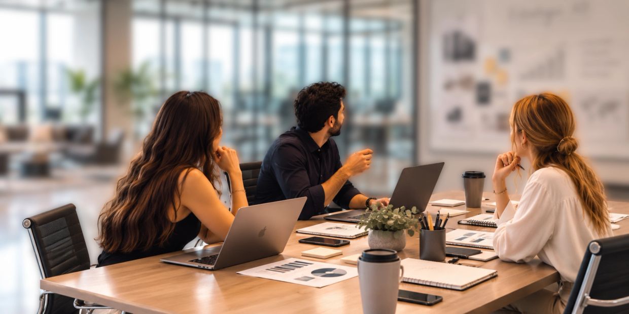 Tres personas en una reunión de trabajo mirando una presentación.