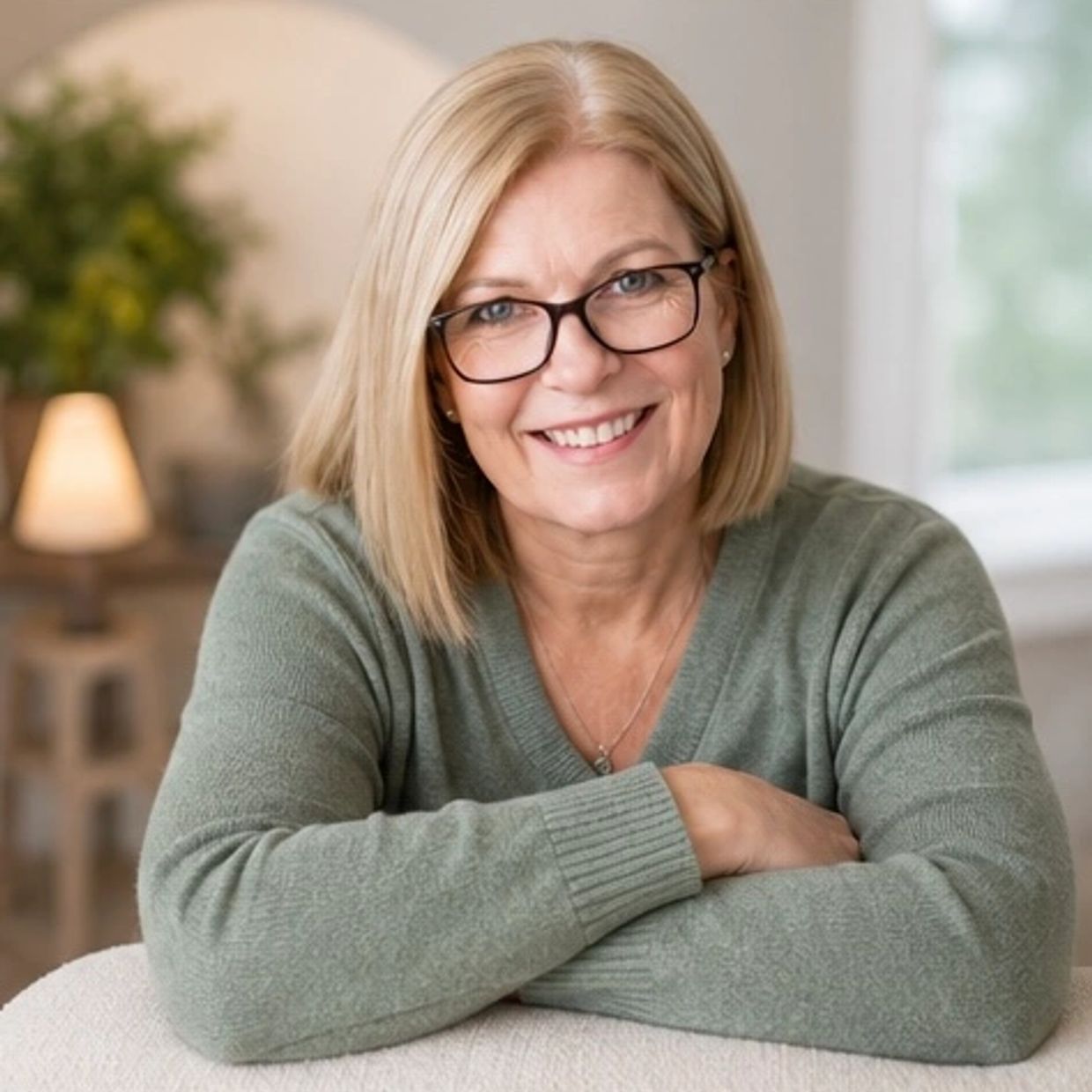 Smiling woman with glasses in a cozy indoor setting.