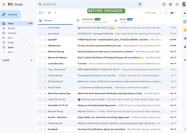 Screenshot of an unorganized Gmail inbox with numerous unread emails.