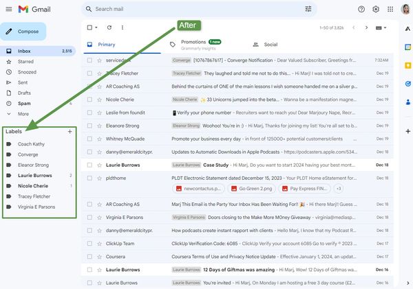Organized Gmail inbox with labels and sorted emails.