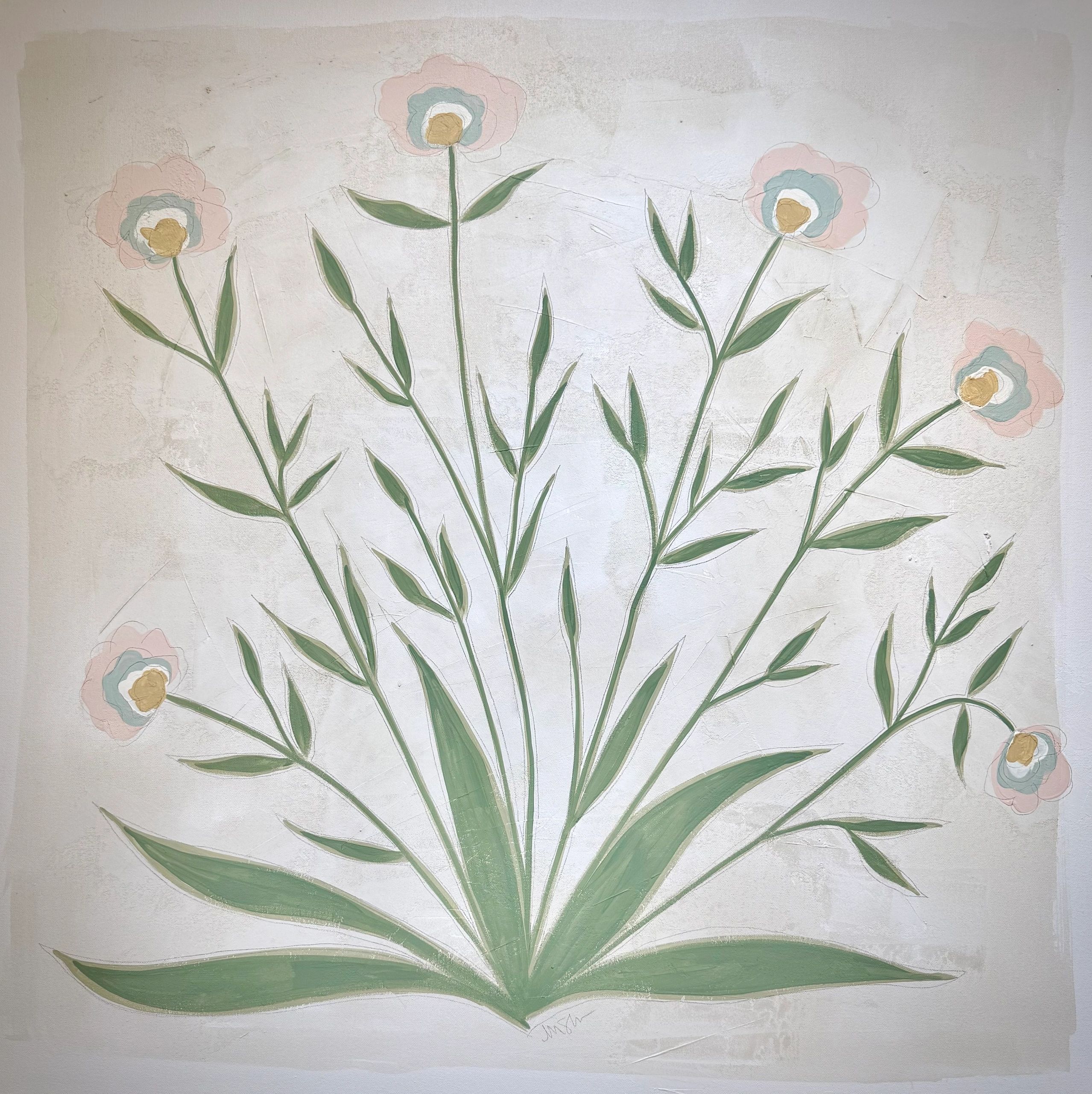 Delicate floral painting with pastel hues and green leaves.
