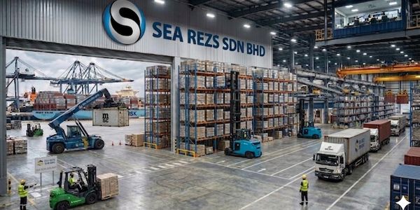 Busy warehouse at SEA REZS SDN BHD with forklifts and trucks.