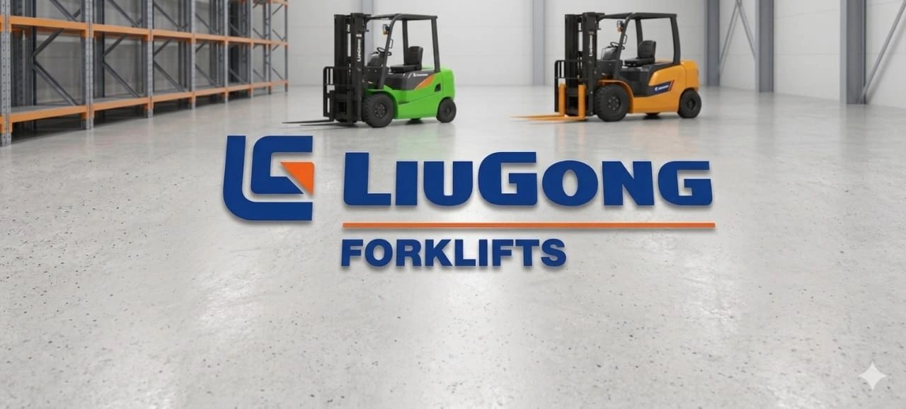 Two forklifts inside a warehouse with LiuGong Forklifts logo in front.