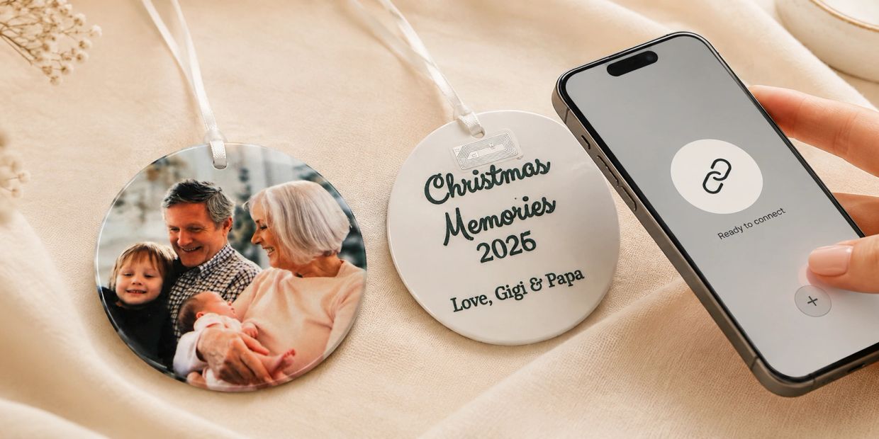 Christmas photo ornaments with smart NFC connection.