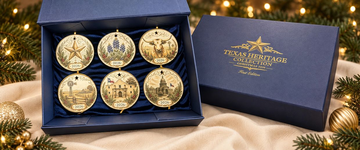 Boxed set of 6 richly textured ceramic ornaments with Texas images.