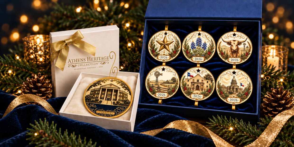 Gold-trimmed 2026 holiday ornaments in decorated boxes.