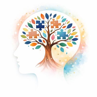 Colorful tree with puzzle pieces inside a human head silhouette.