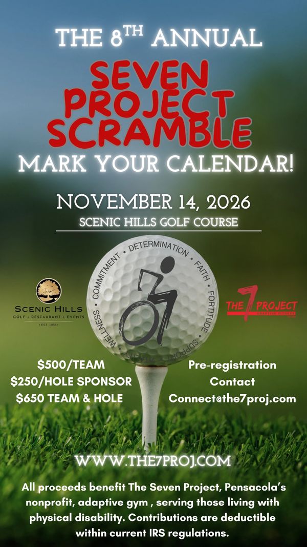 Poster for the 8th Annual Seven Project Scramble golf event on Nov 14, 2026.
