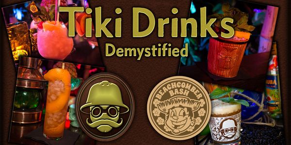 Colorful tiki drinks with vintage badges and decorative fonts.
