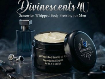 Santorien whipped body frosting for men with elegant packaging.
