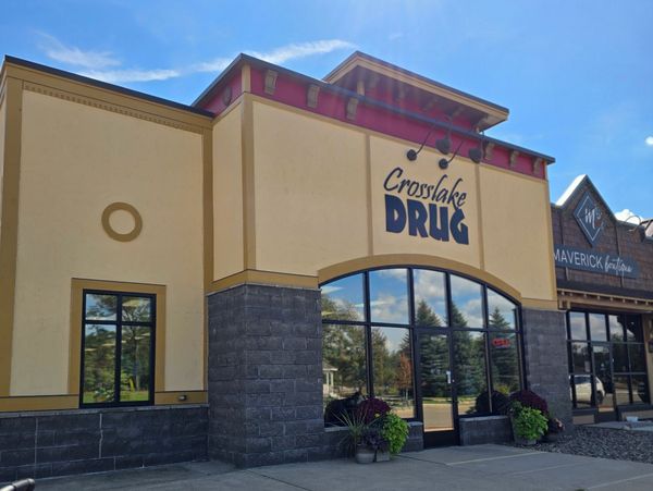 Exterior of Crosslake Drug store on a sunny day.