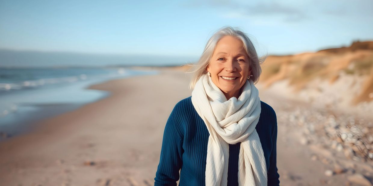 Smiling elderly woman on a beach on a sunny day.
