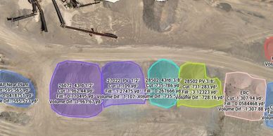Aerial drone map showing precise stockpile boundaries and measurement polygons across the Camp Verde